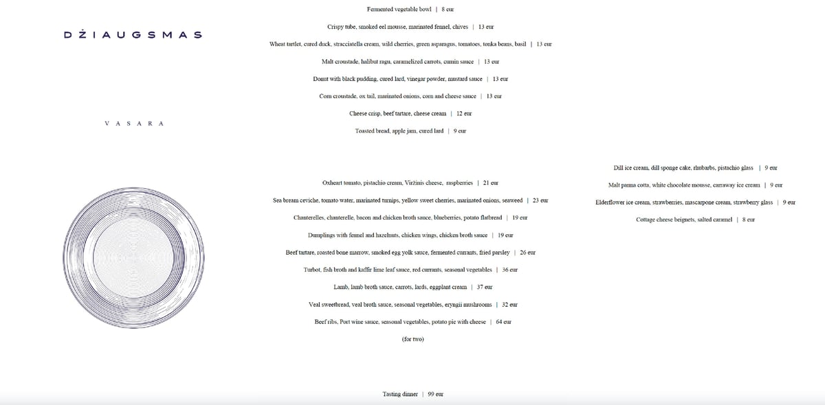 Dziaugsmas menu - Michelin Vilnius