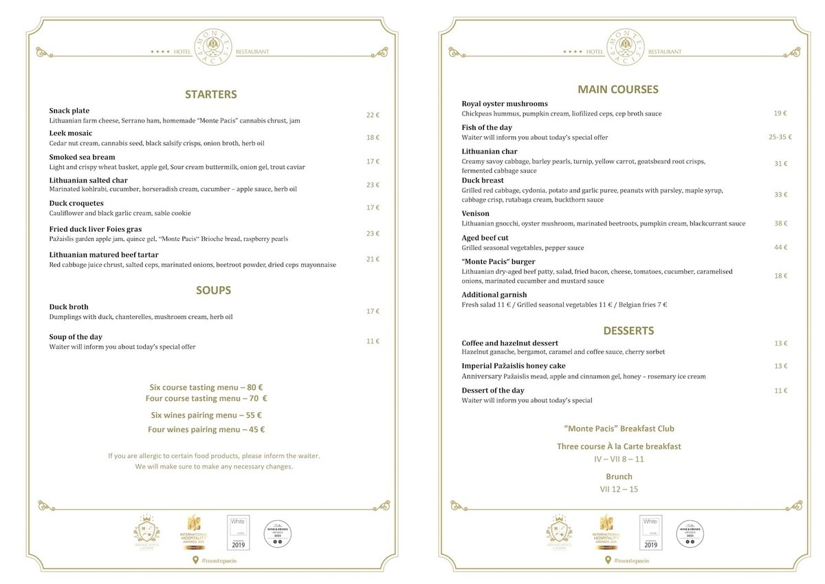 Monte Pacis menu - Michelin Kaunas